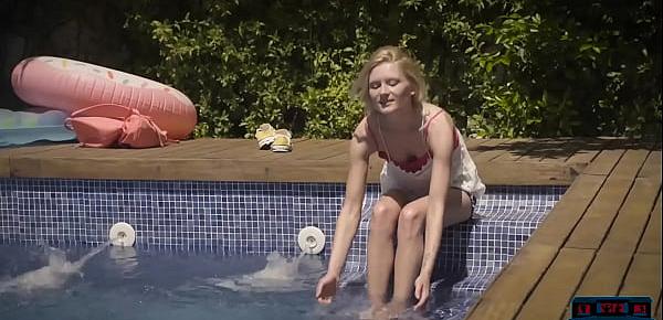  Petite teen trespassing to use the pool on a very hot day
